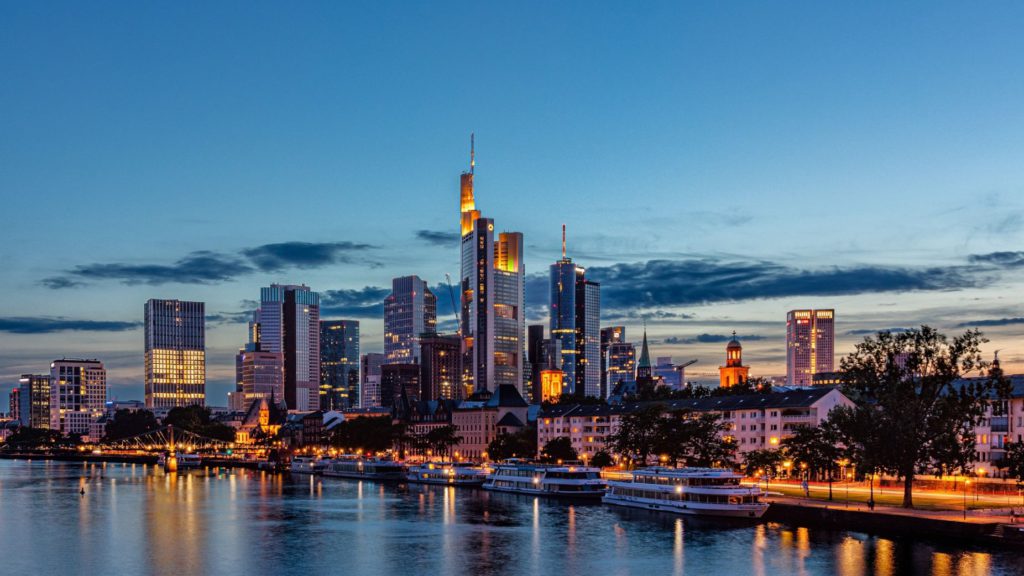 Frankfurt skyline and the high rises lining the Main River