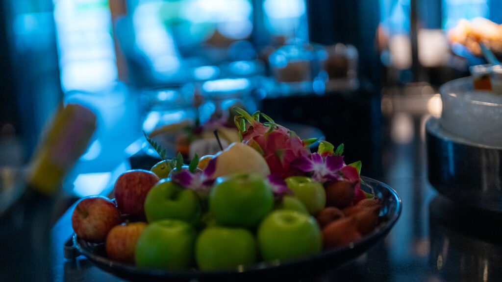 Exotic fruits served for breakfast at the Kasara lounge at Anantara Riverside.